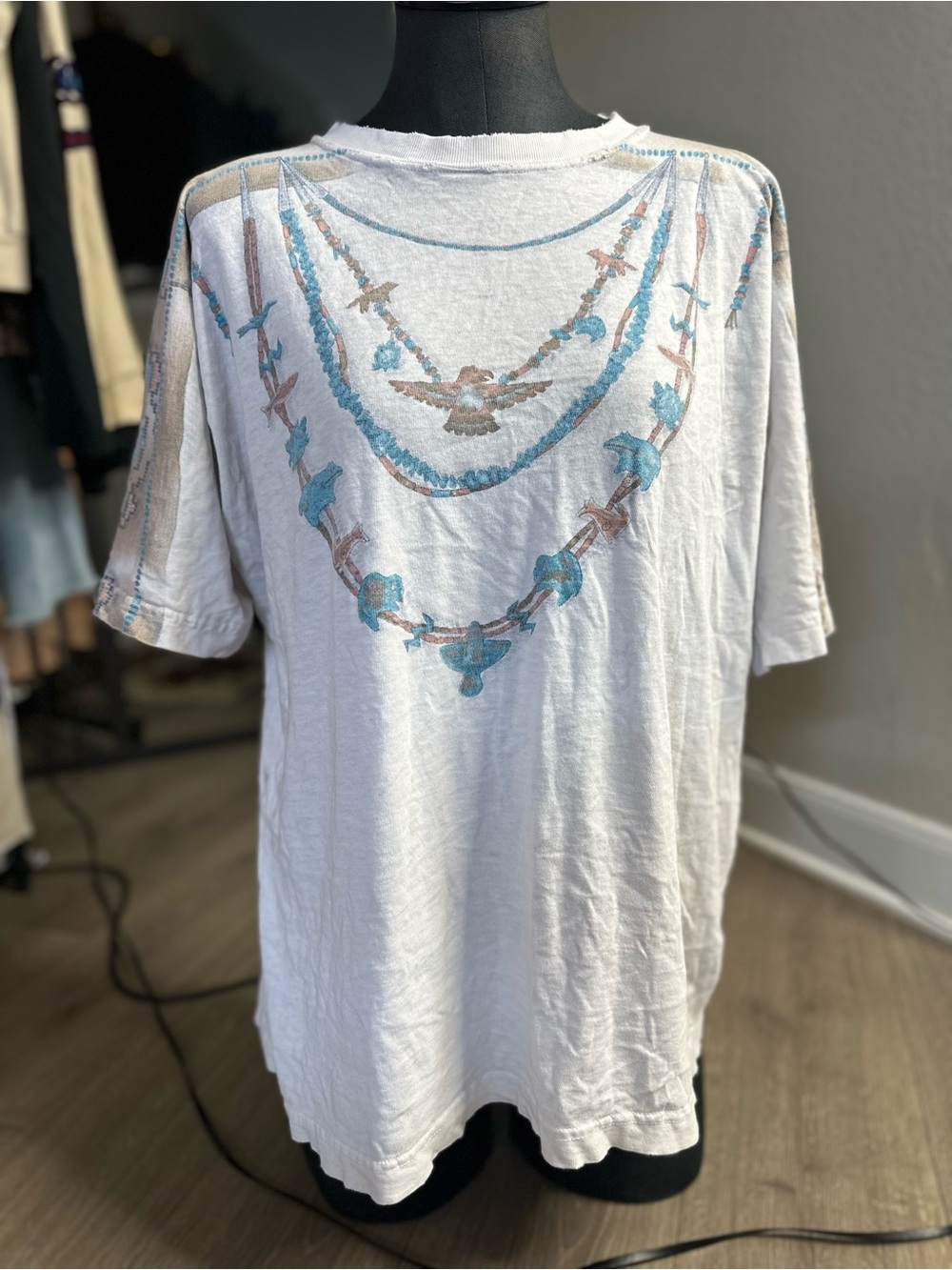 Women's White Short-Sleeve Tee with Turquoise Necklace Print